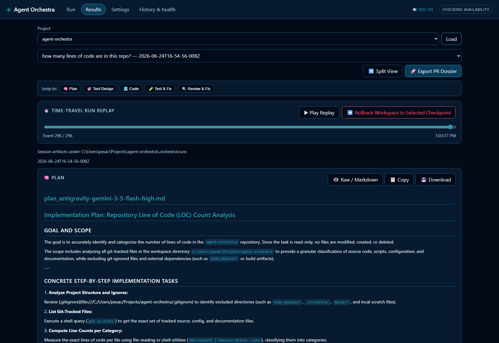 Time-Travel Replay & Plan Inspector: Scrubber replay controls, workspace checkpoint rollback, split-view comparisons, and generated markdown plans.