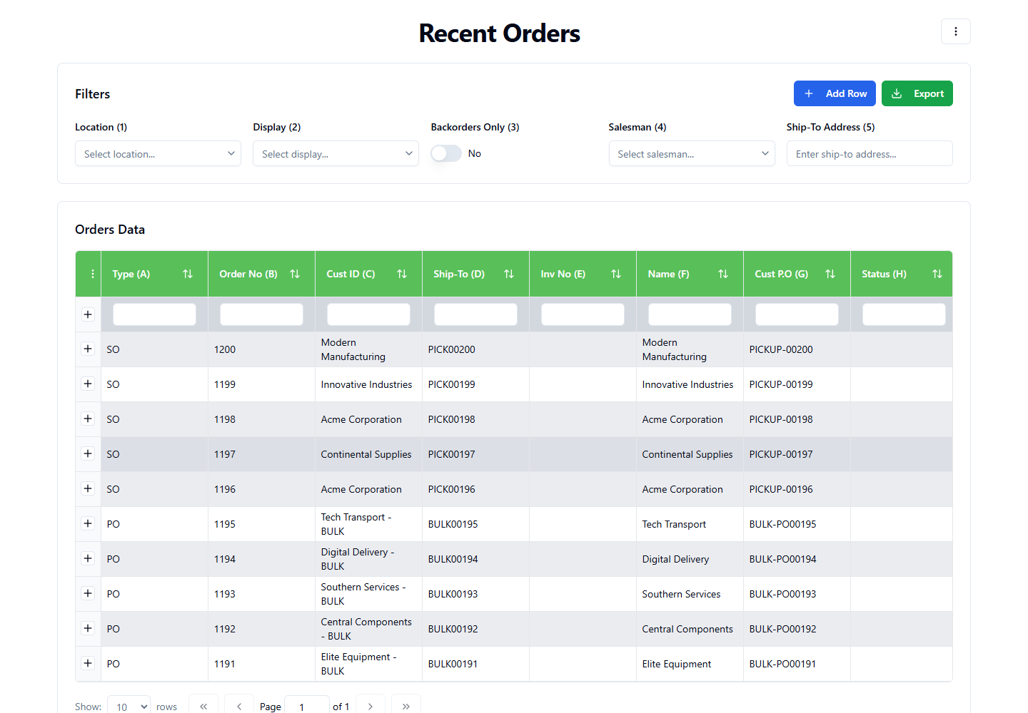 Kendo Grid Nav dashboard screenshot