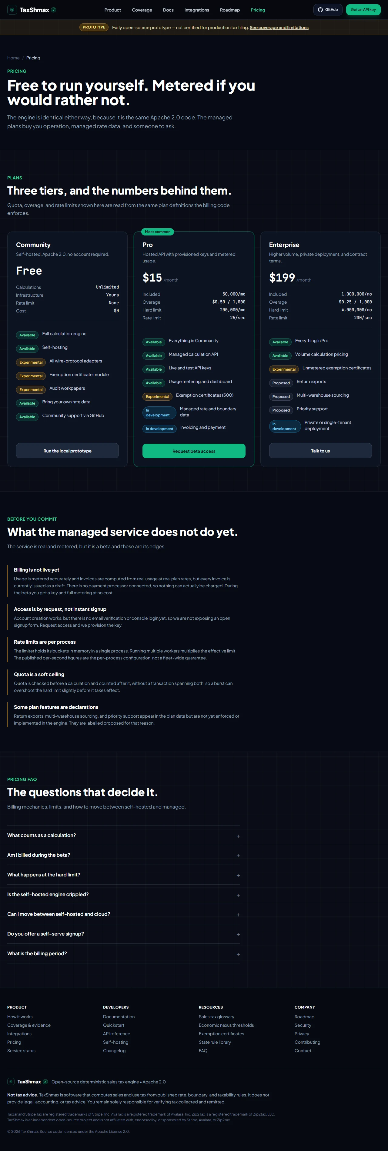 Transparent Tiering & Control Plane: API key quota management, metering, and invoicing.
