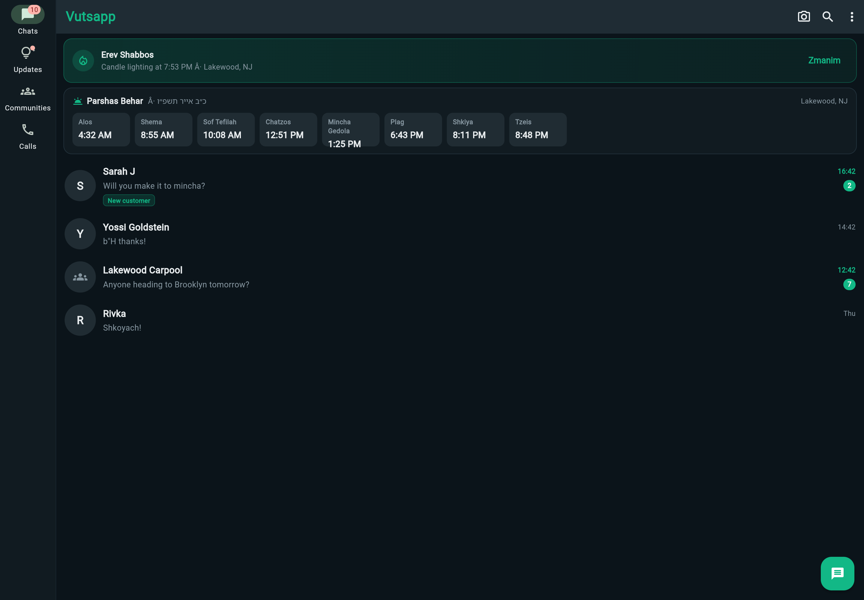 Vutsapp chat app screenshot with sample chats